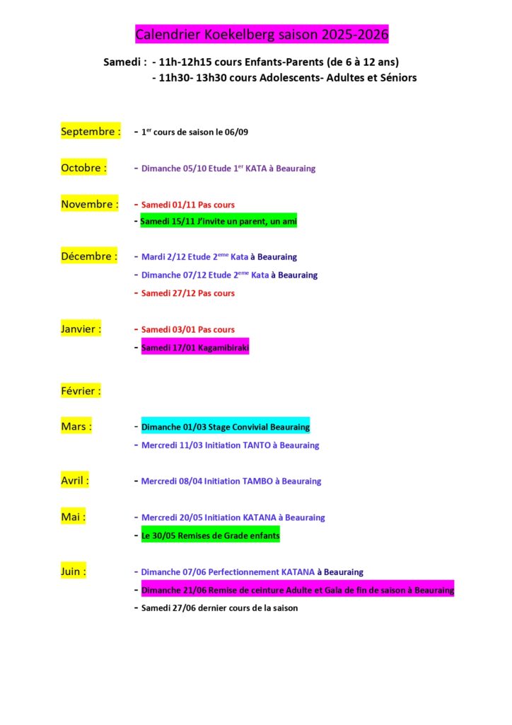 Calendrier cours Koekelberg 2025-2026